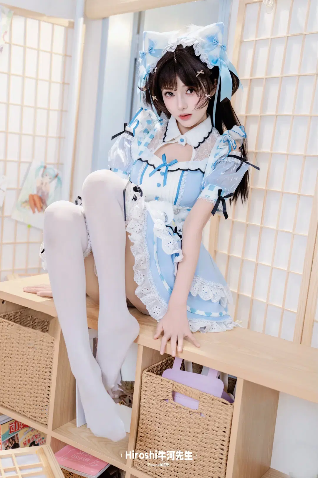 白ストッキング, 二次元ファッション, メイド服コスプレ, 甘め女子の日常, 青白チェックメイド