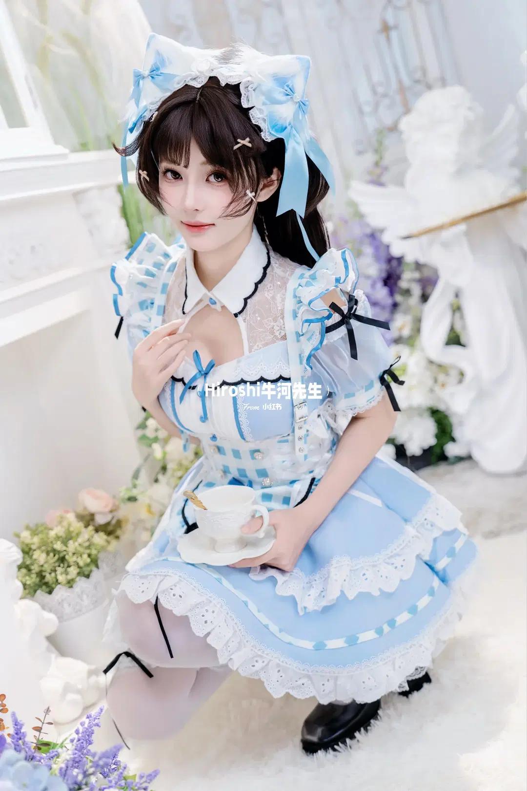 [Cat ears maid outfit] Blue and white plaid cat ears maid outfit, a live-action photo sharing from sweet anime-style photography by Hiroshi牛河先生 - Image 2