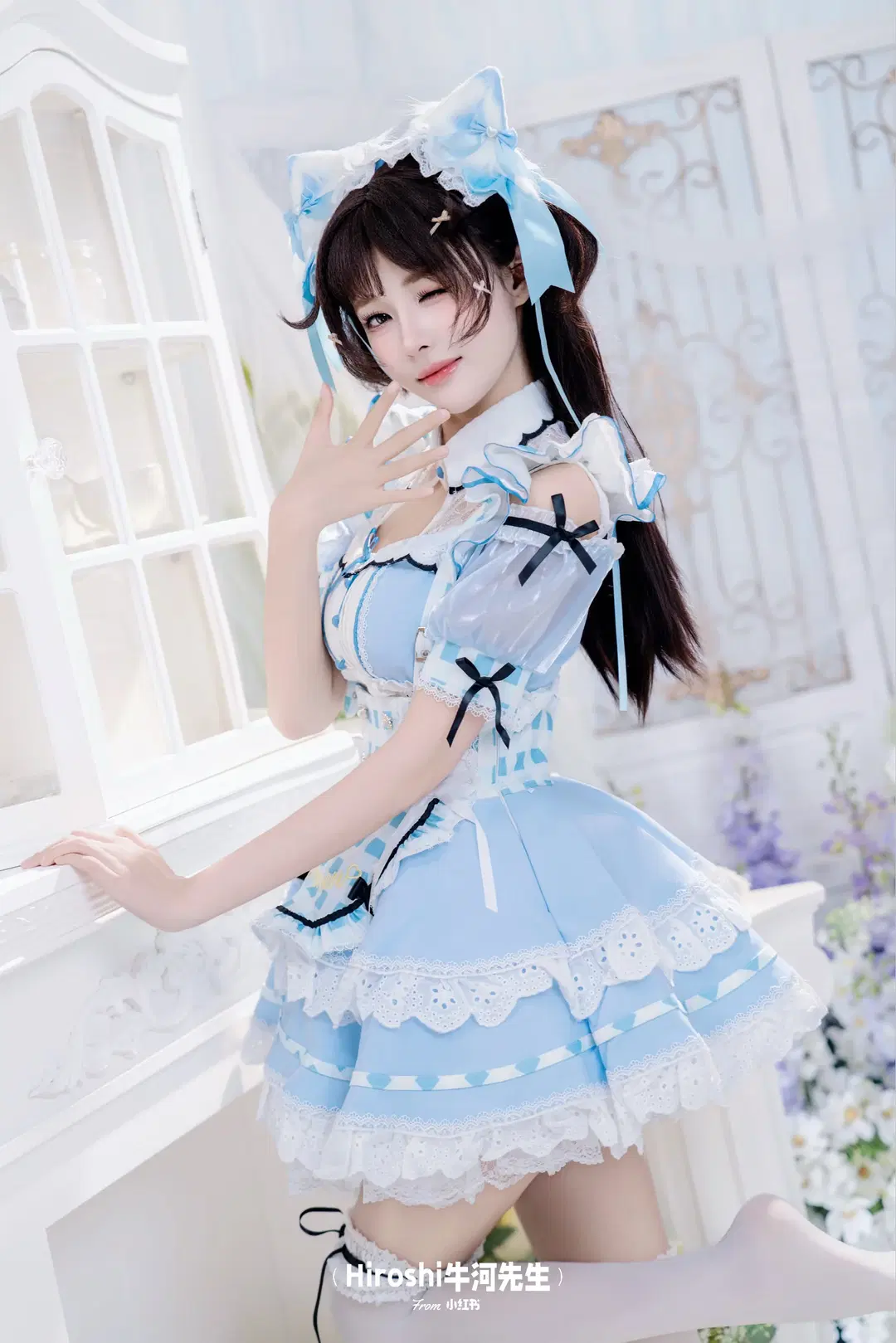 [Cat ears maid outfit] Blue and white plaid cat ears maid outfit, a live-action photo sharing from sweet anime-style photography by Hiroshi牛河先生 - Image 5