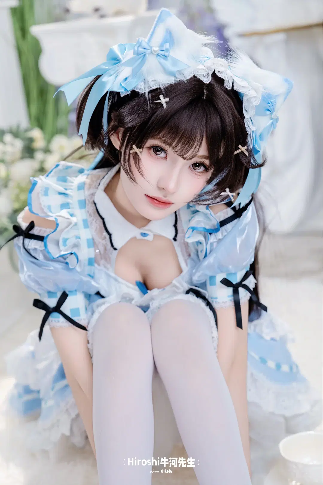 [Cat ears maid outfit] Blue and white plaid cat ears maid outfit, a live-action photo sharing from sweet anime-style photography by Hiroshi牛河先生 - Image 9