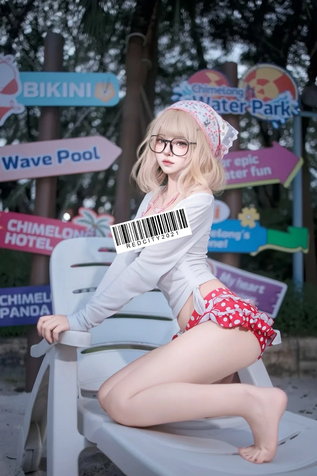 自搭泳装搭配黑框眼镜与白丝，水上乐园里的独特风格 - 晓歪xyyy - 第3张