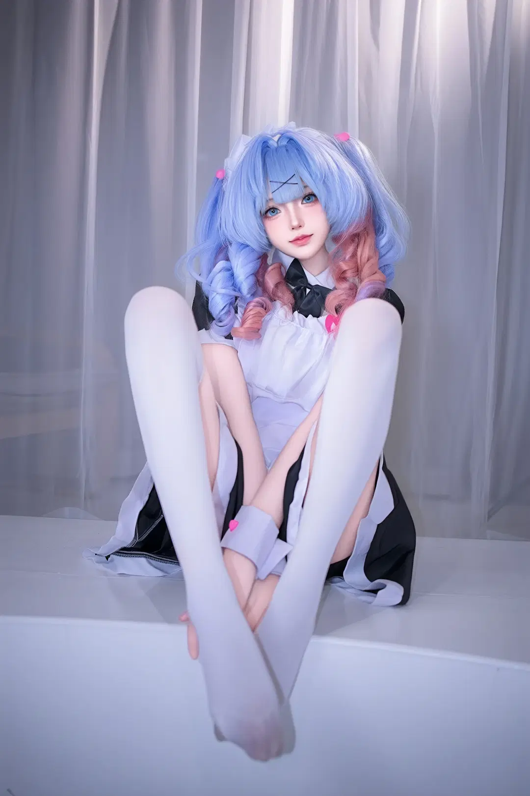 White stockings, Cosplay photography, Maid cosplay, Rabbit Hole Maid, blue and pink twin tails