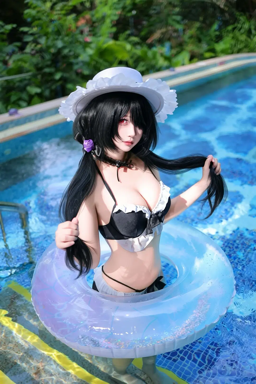Swimsuit cosplay, Twintails, Kurumi Tokisaki cosplay, Red eyes, Outdoor swimming pool