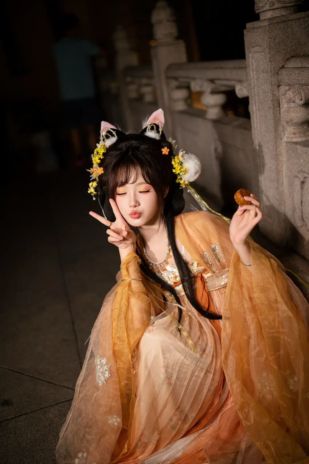 玉兔中秋妝造 橘色輕紗古風漢服夜景寫真 - Y3 - 第13張