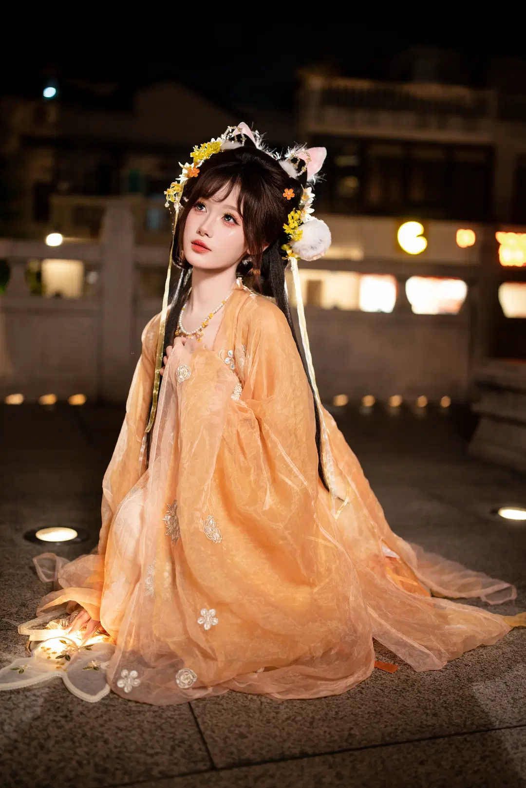 玉兔中秋妝造 橘色輕紗古風漢服夜景寫真 - Y3 - 第9張
