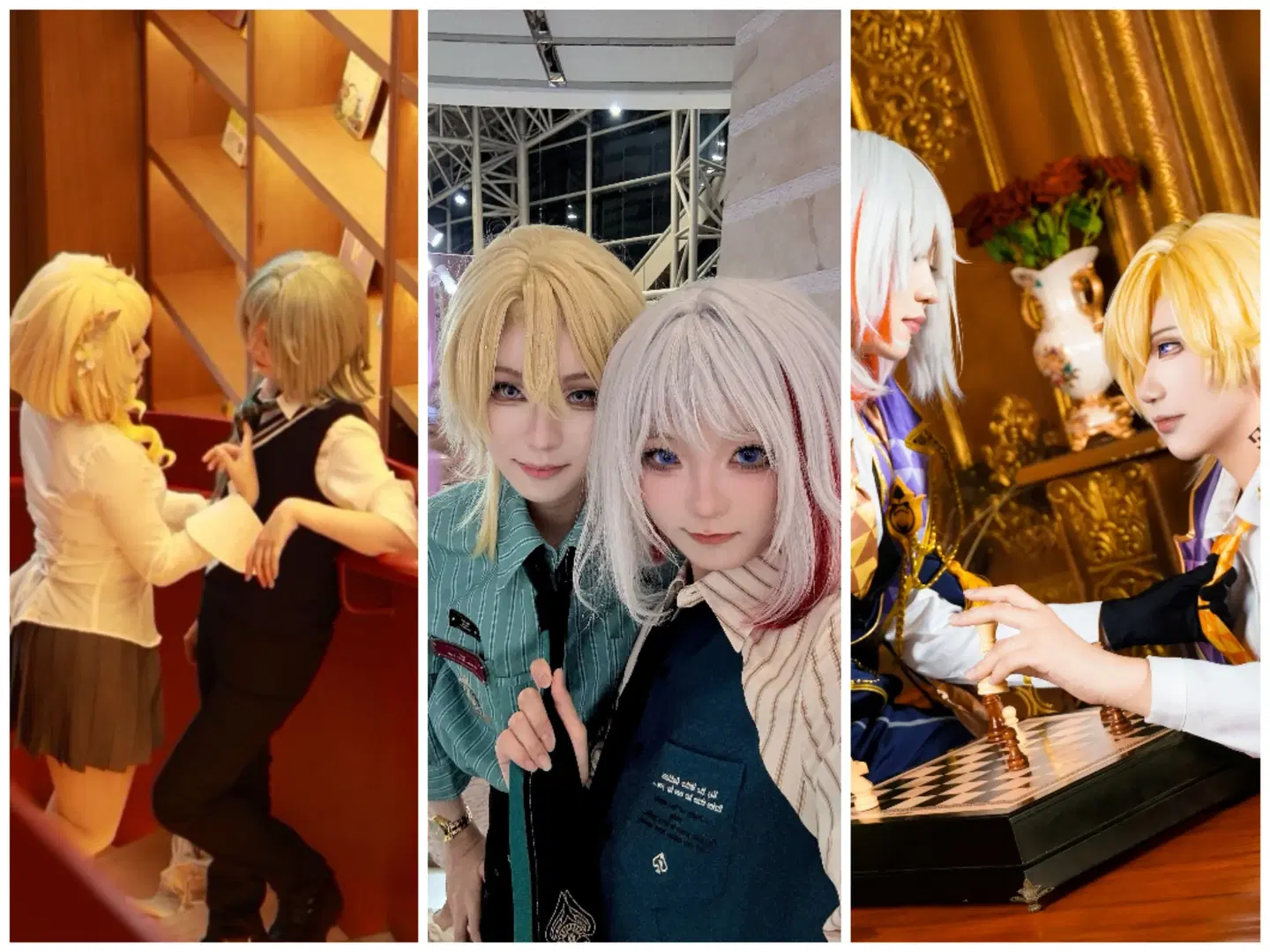 漫展摄影, 双人cosplay, 制服风格, 扯领带互动, 国际象棋道具