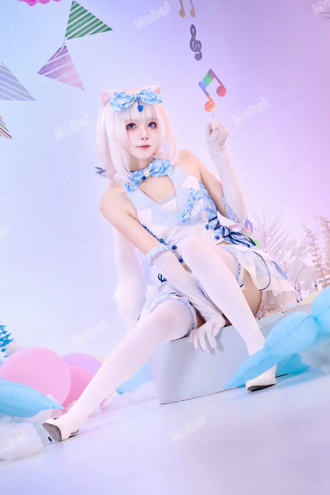 【香子兰cos】猫娘乐园的蓝白格纹打歌服，白丝与猫耳的甜美暴击 - Mobai哒哒哒 - 第2张