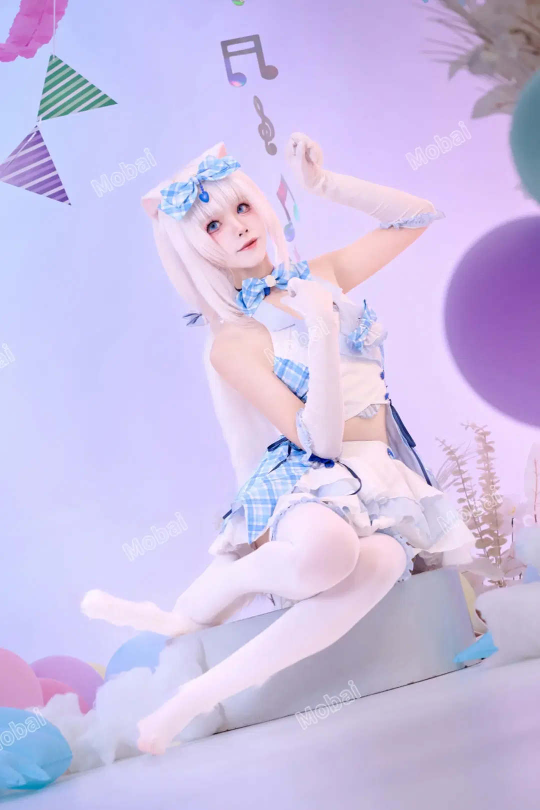 【香子兰cos】猫娘乐园的蓝白格纹打歌服，白丝与猫耳的甜美暴击 - Mobai哒哒哒 - 第5张