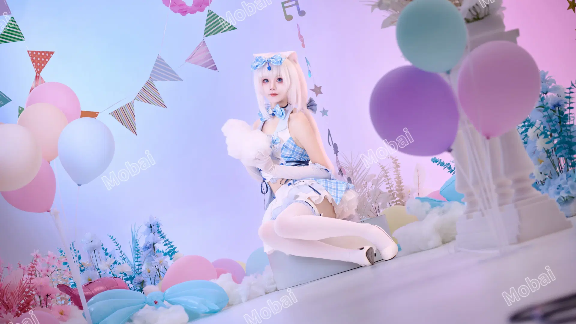 【香子兰cos】猫娘乐园的蓝白格纹打歌服，白丝与猫耳的甜美暴击 - Mobai哒哒哒 - 第7张