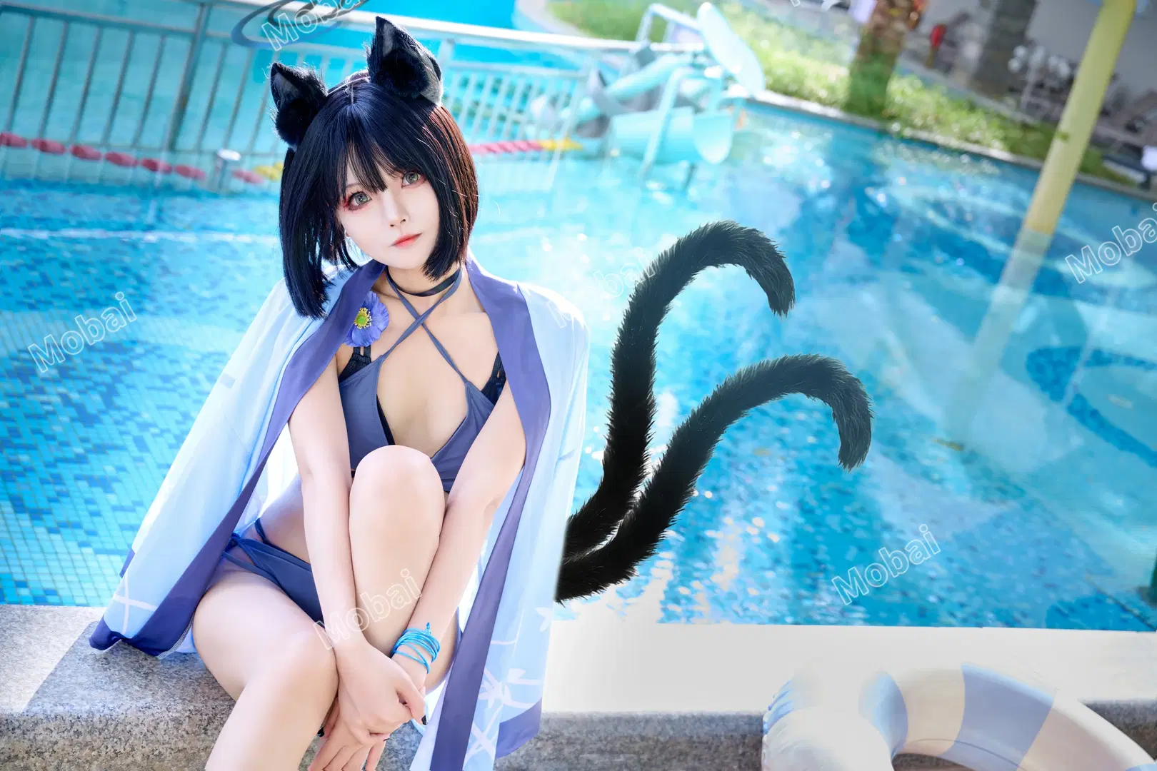 【桐生キキョウ コスプレ】夏のプールサイドに佇む猫娘、清涼なひととき - Mobai哒哒哒 - 10枚目