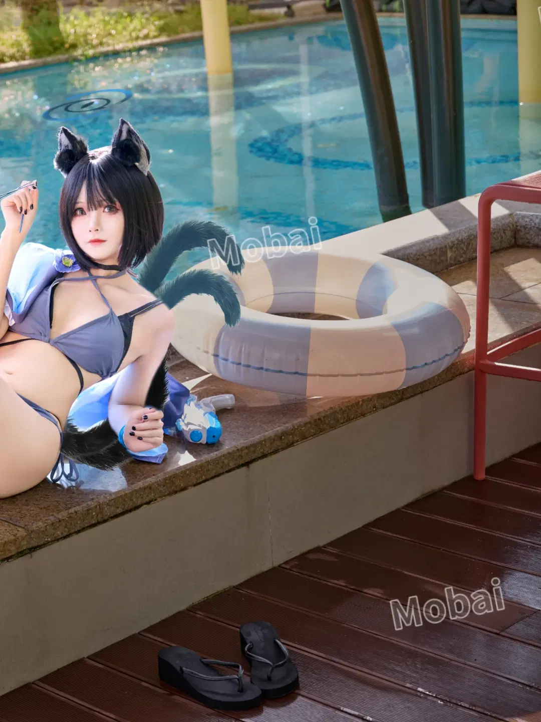 【桐生キキョウ コスプレ】夏のプールサイドに佇む猫娘、清涼なひととき - Mobai哒哒哒 - 5枚目