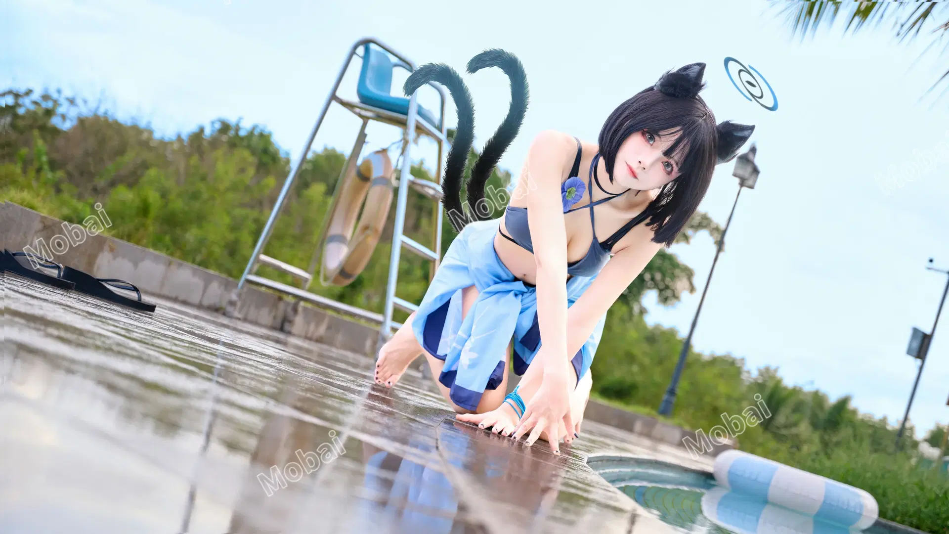 【桐生キキョウ コスプレ】夏のプールサイドに佇む猫娘、清涼なひととき - Mobai哒哒哒 - 7枚目