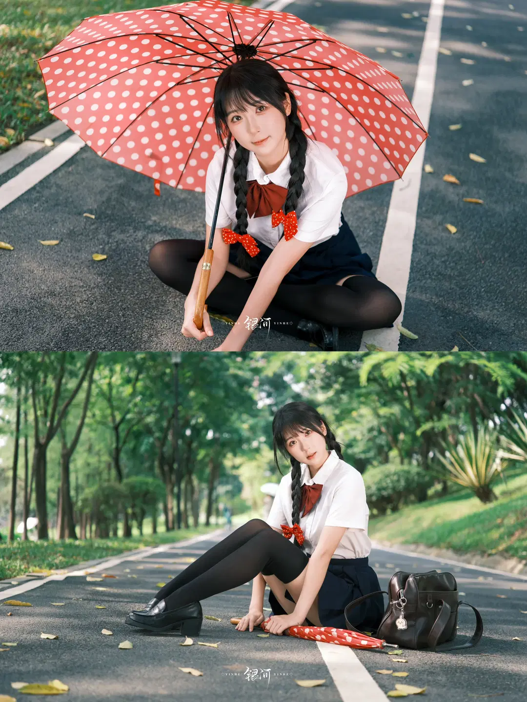 日系JK制服写真，红伞与黑丝的公园随拍 - 雪风大王 - 第3张