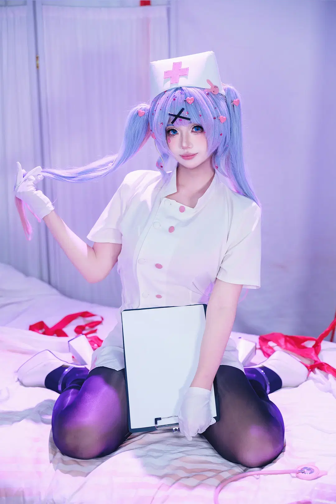 二次元撮影, 初音ミク コスプレ, ラビットホール, 黒ストッキング, ナース服コスプレ