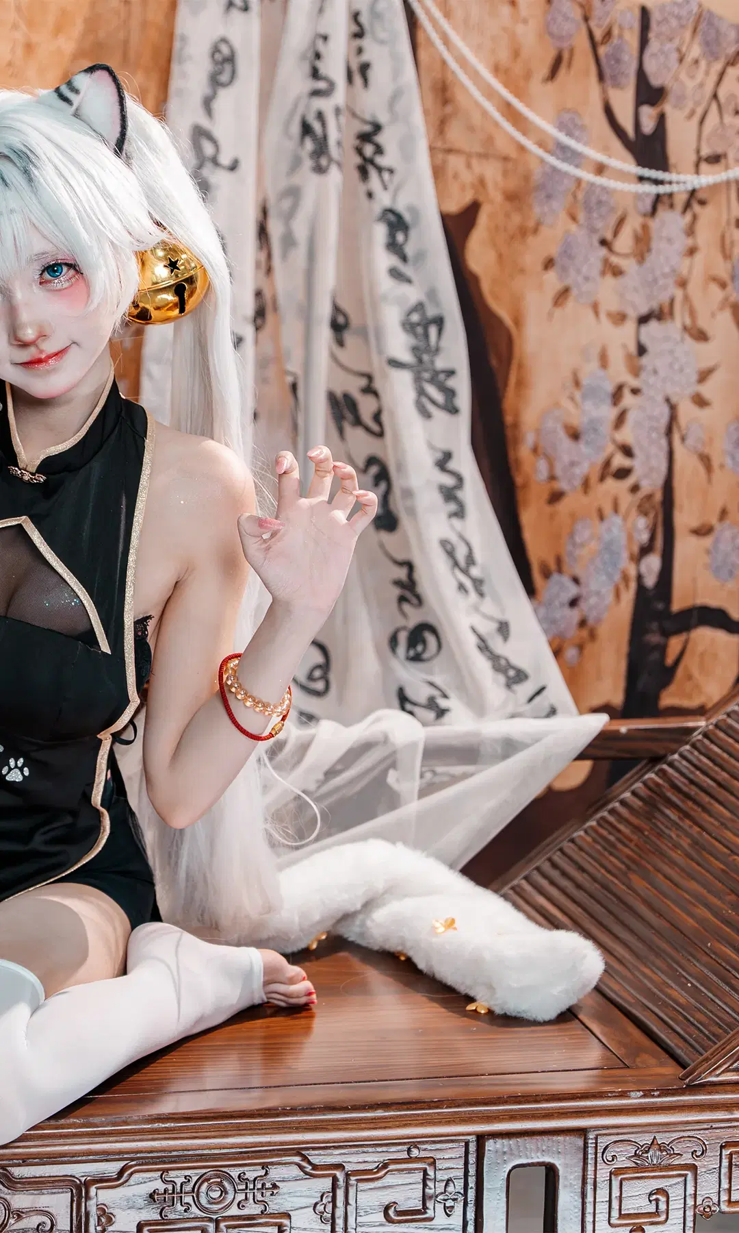 White tiger girl Modern Cheongsam paired with White stockings, Anime-style photography in a classical furniture scene by 辛同学 - Image 4
