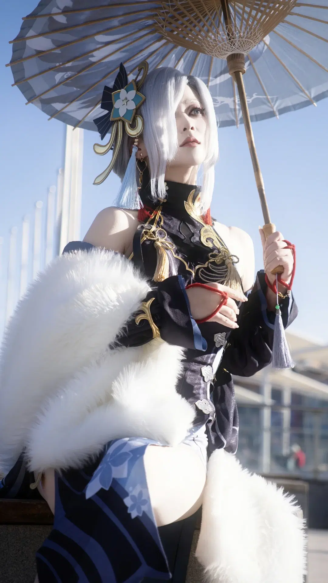 2D, Genshin Impact, cosplay, Shenhe cosplay, Black thigh-high stockings