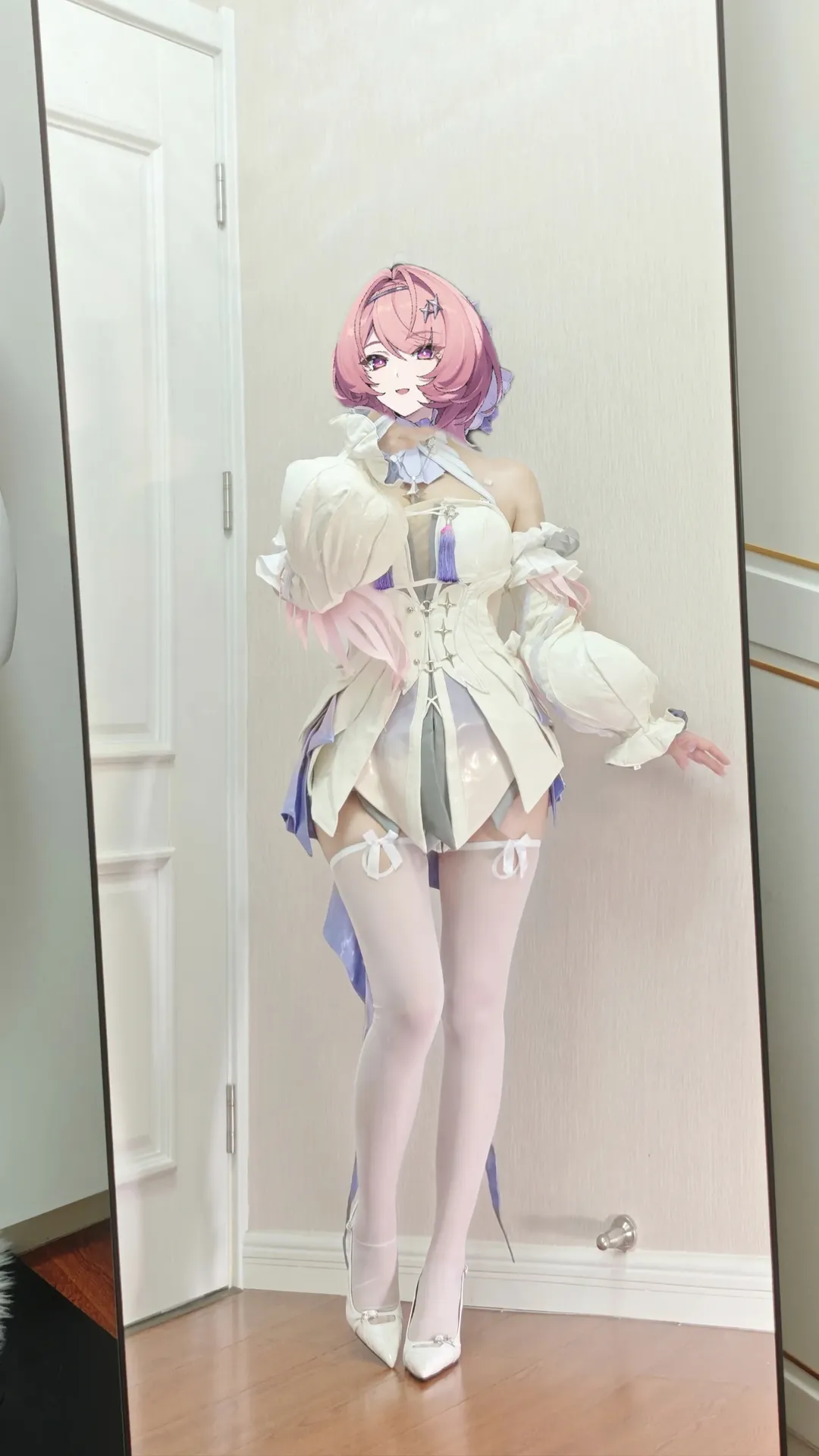 Zenless Zone Zero, Mirror selfie, Cosplay costume try-on, White tights cosplay, Remielle cosplay