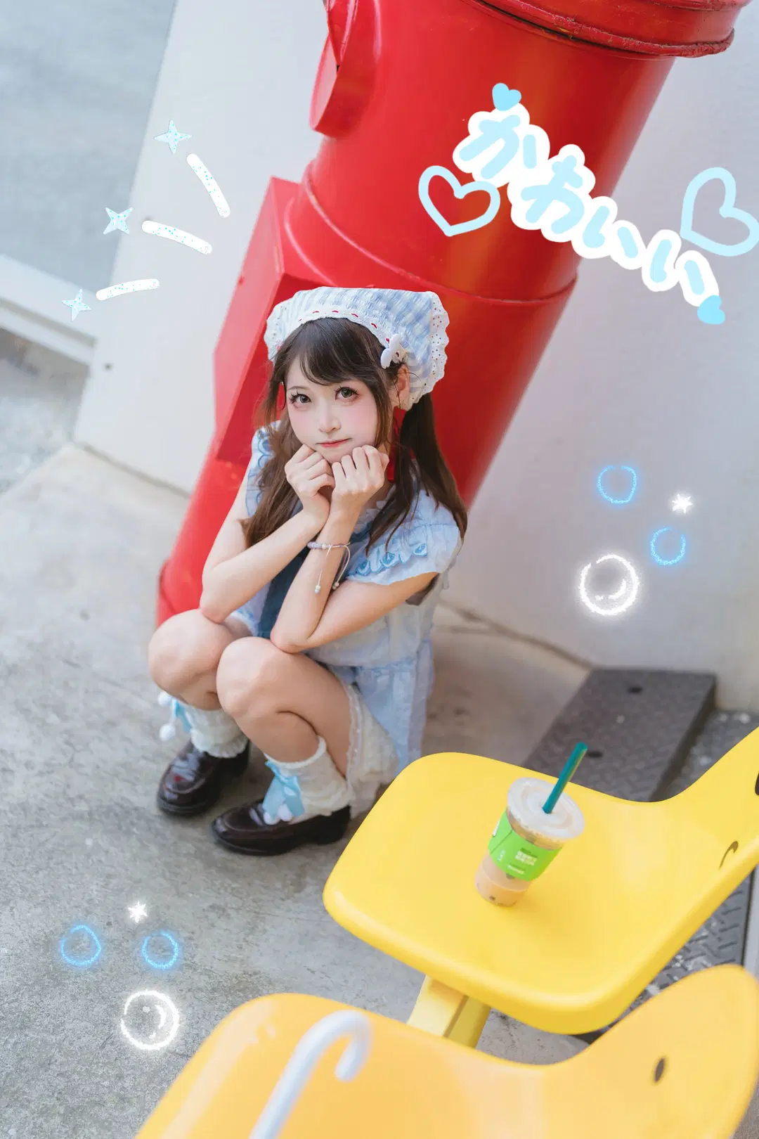 cosplay, Photo poses, Blue and white plaid, Dopamine sweet girl style, Energetic photo shoot