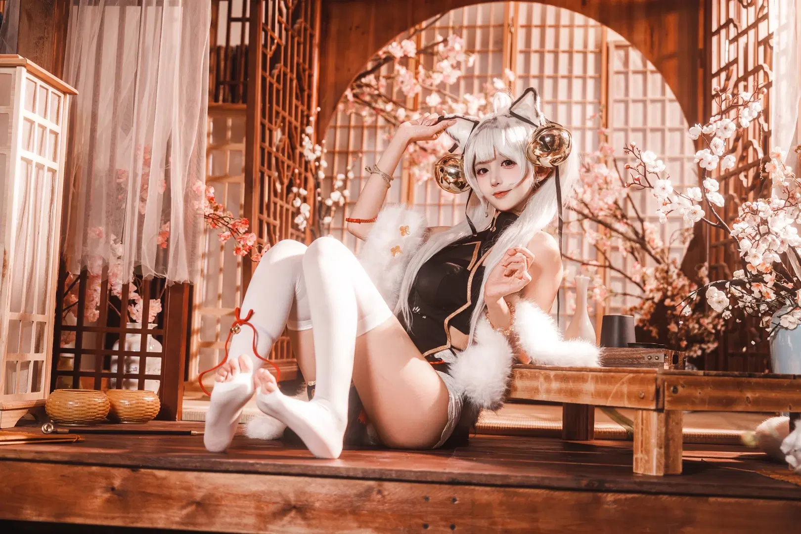 猫耳少女, 白虎娘, 白丝cos, 虎啸生风, 小雨绵绵cos