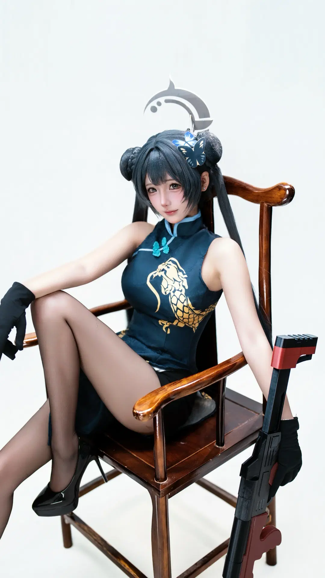 Anime-style photography, Blue Archive, Misaki cosplay, Qipao, Black stockings