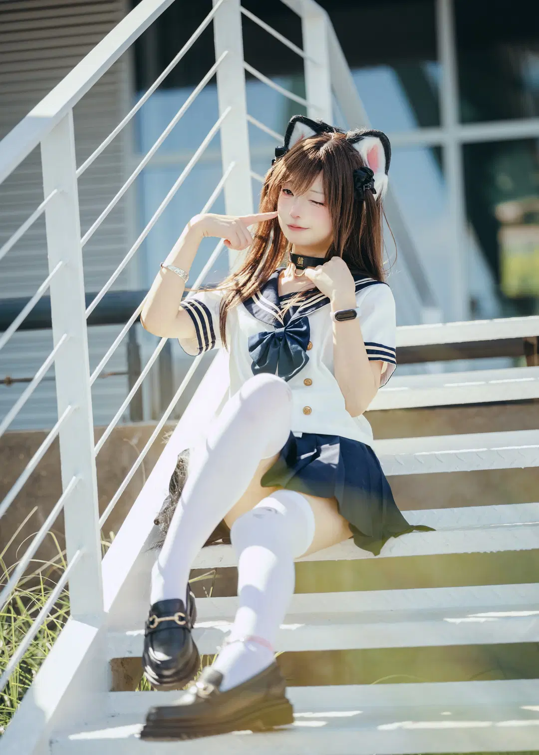 日常cosplay, 生活感摄影, 日系水手服, 白丝猫爪袜, 街边贩卖机拍照
