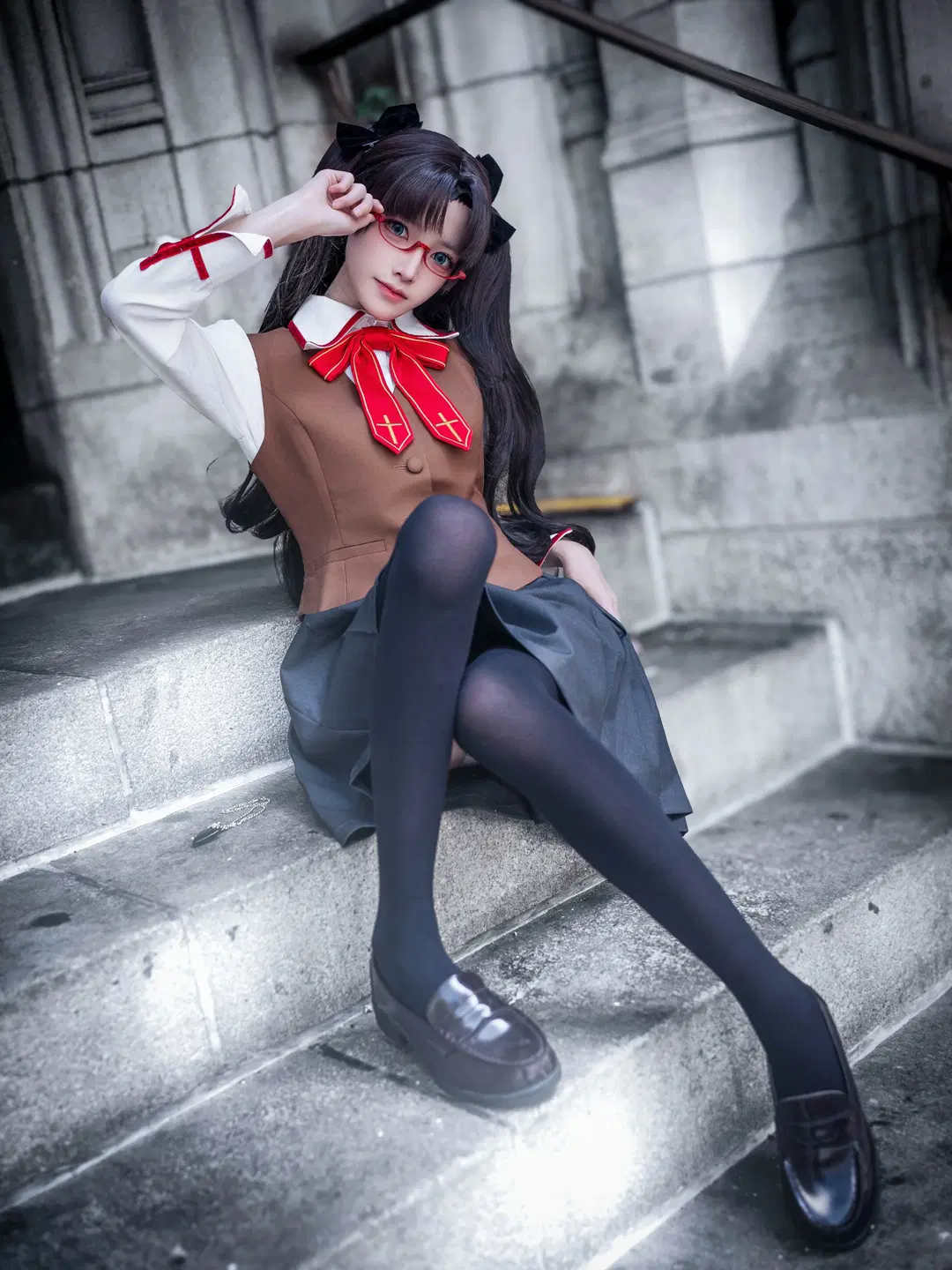cosplay, 远坂凛cos, Fate/stay night, 黑丝, 红框眼镜