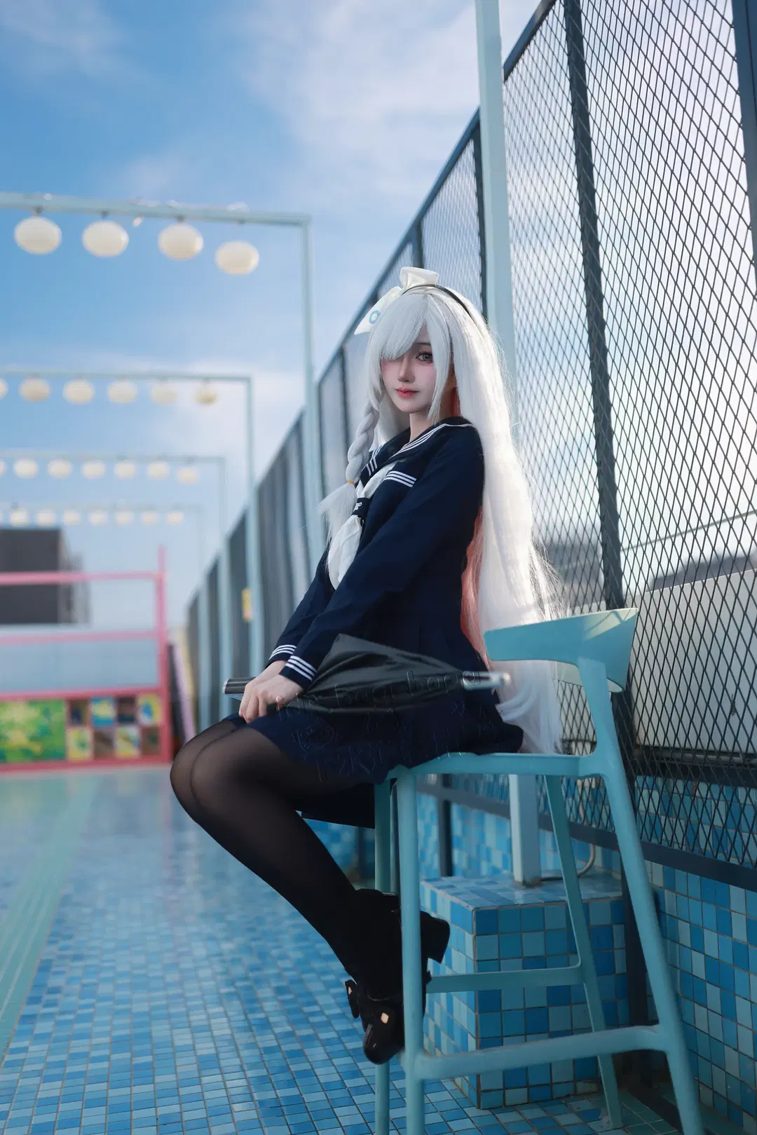 碧蓝档案, 普拉娜cos, 水手服, 黑丝, 天台写真