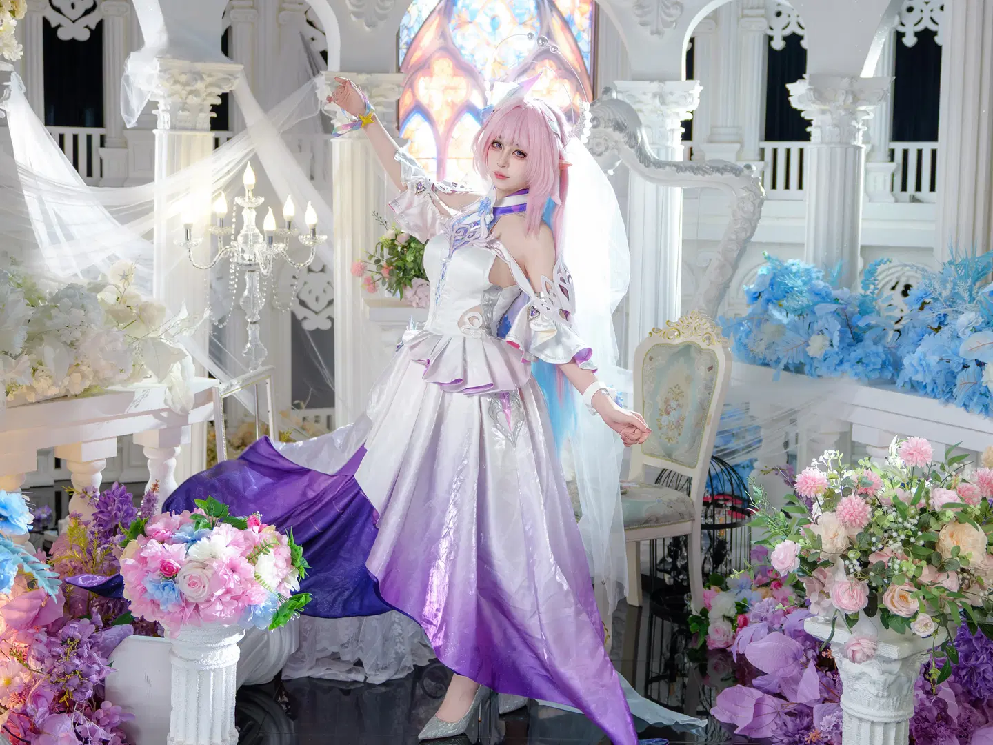 【キュレネ コスプレ】崩壊：スターレイル ピンクと白の花嫁衣裳と双生花のトーテムが織りなす幻想の再現 - 萌萌的亚古兽HANS - 3枚目