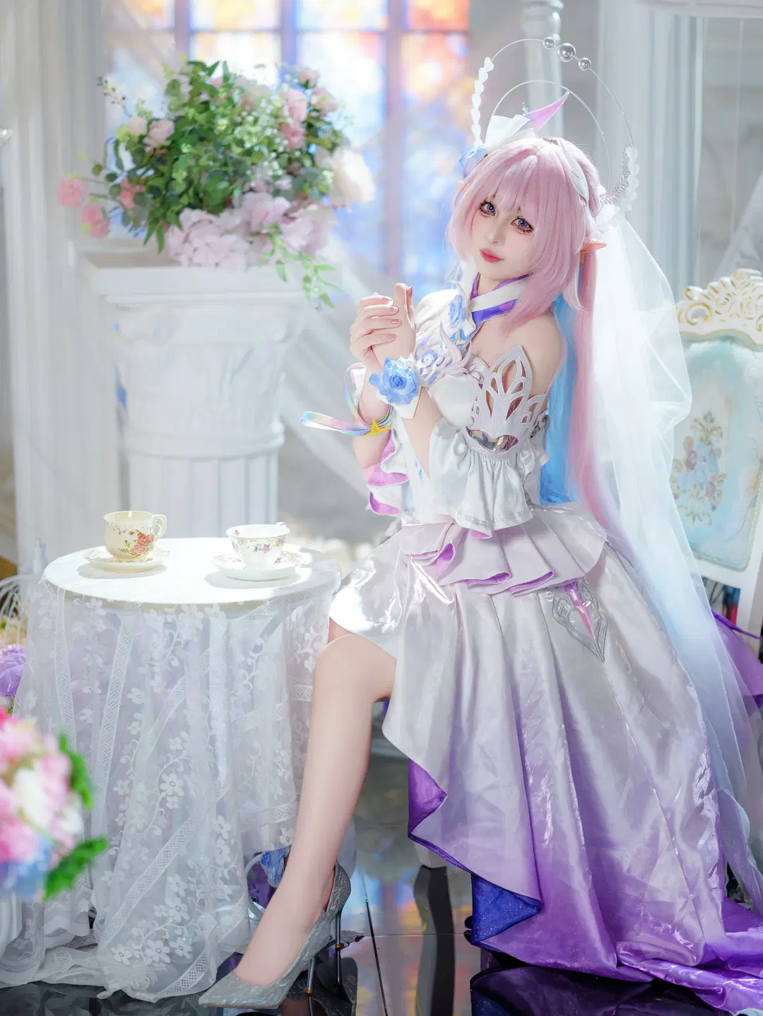 【キュレネ コスプレ】崩壊：スターレイル ピンクと白の花嫁衣裳と双生花のトーテムが織りなす幻想の再現 - 萌萌的亚古兽HANS - 5枚目