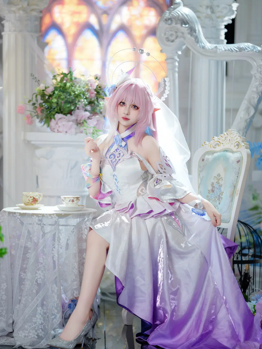 【キュレネ コスプレ】崩壊：スターレイル ピンクと白の花嫁衣裳と双生花のトーテムが織りなす幻想の再現 - 萌萌的亚古兽HANS - 6枚目