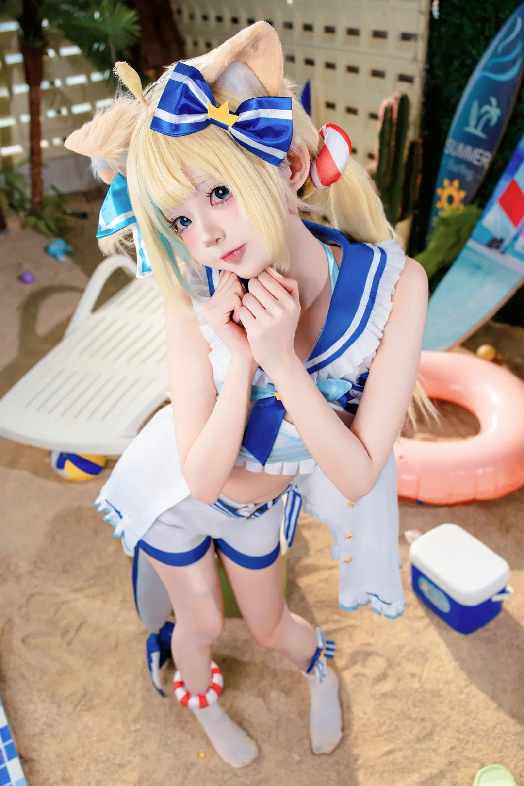 水手服, 兽耳娘, 夏日沙滩, gura小鲨鱼cos, 虚拟主播cos