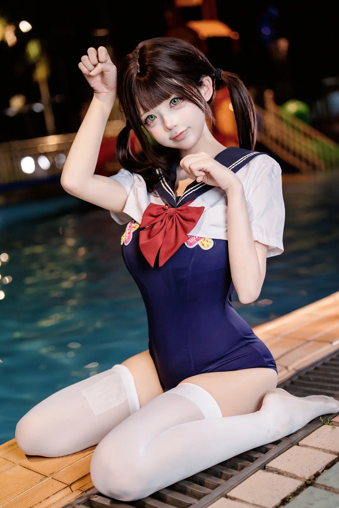 cosplay写真, 泳池拍照, 白色过膝袜, JK水手服, 夜泳水着 - 第1张