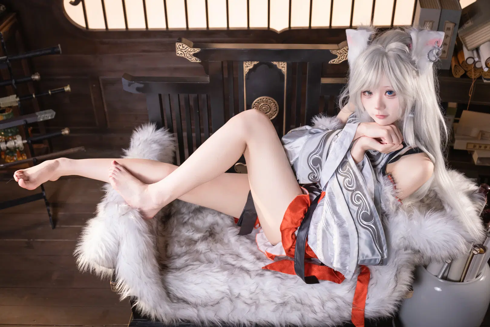 Ancient style cosplay, Animal ears, Silver hair, Yin Yue cosplay, A Record of a Mortal's Journey to Immortality