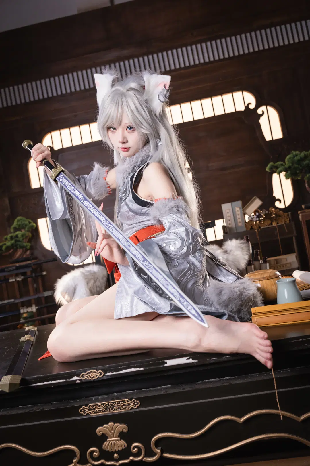 Ancient style cosplay, Silver-haired character, Silver hair beast ears, Yin Yue cosplay, A Record of a Mortal's Journey to Immortality
