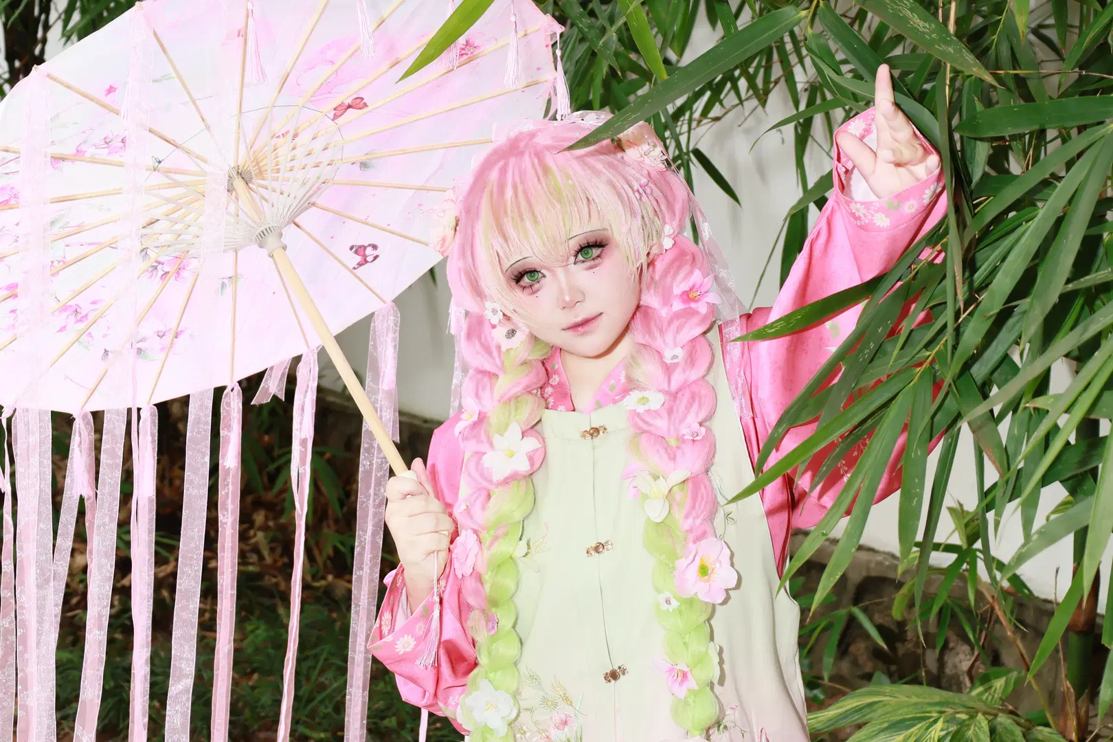 Anime-style photography, Custom design cosplay, Mitsuri Kanroji cosplay, Hanfu photoshoot, Sunny outdoor shoot