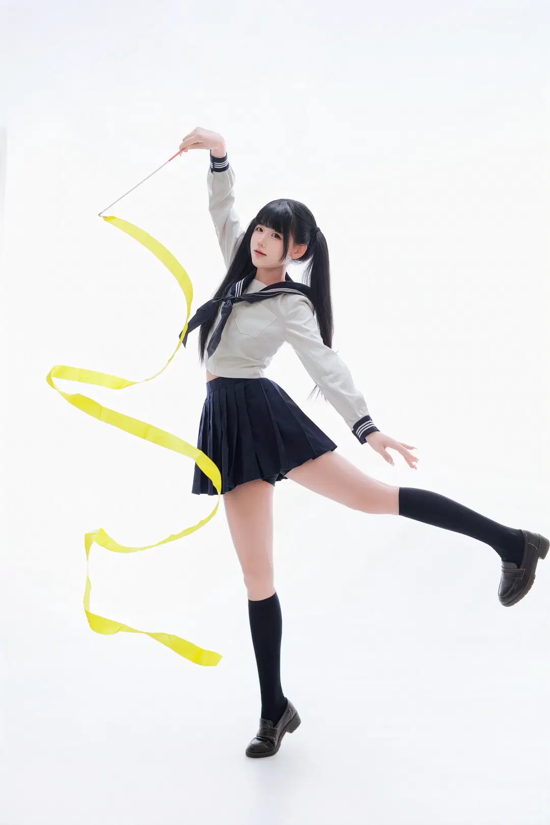 JK制服, セーラー服, 黒ストッキング, 白ホリ撮影, 新体操リボン