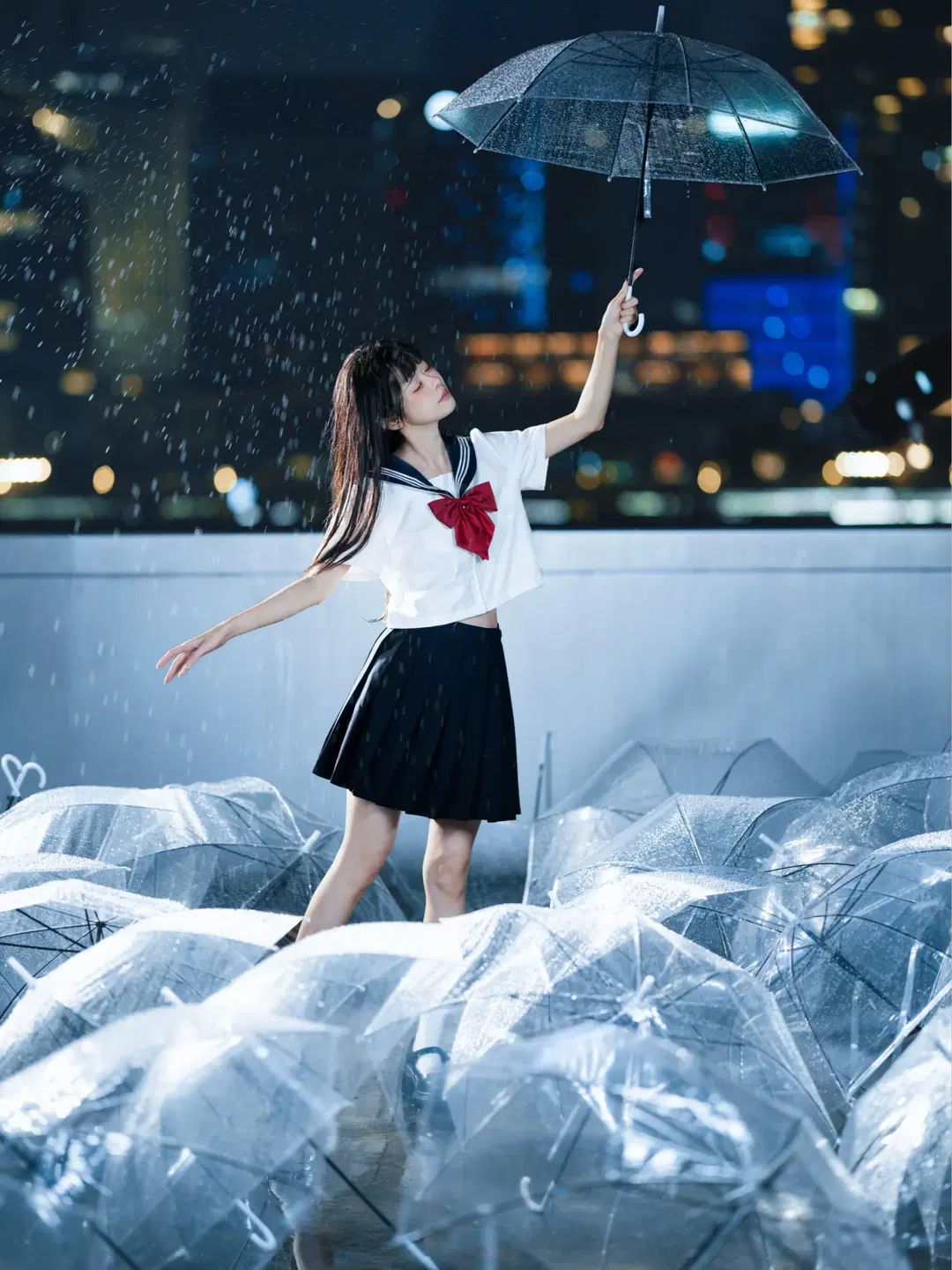 JK制服, 人像摄影, 透明伞写真, 雨天氛围感, 恋如雨止