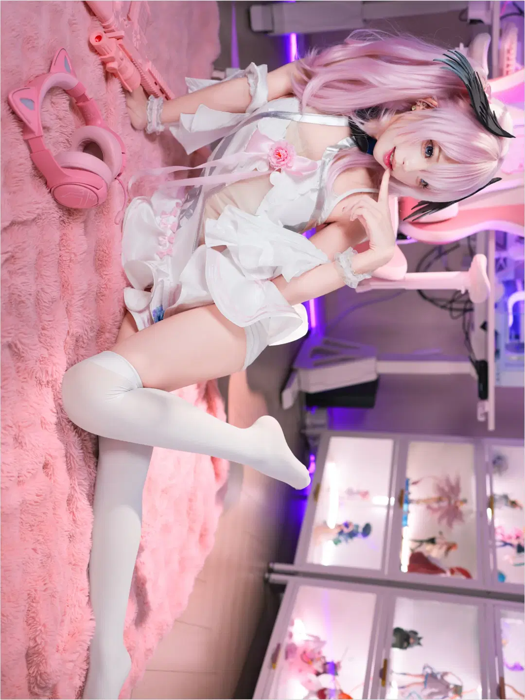 Blue Archive, Shimoe Koharu cosplay, White stockings, Gaming room, Anime desk setup