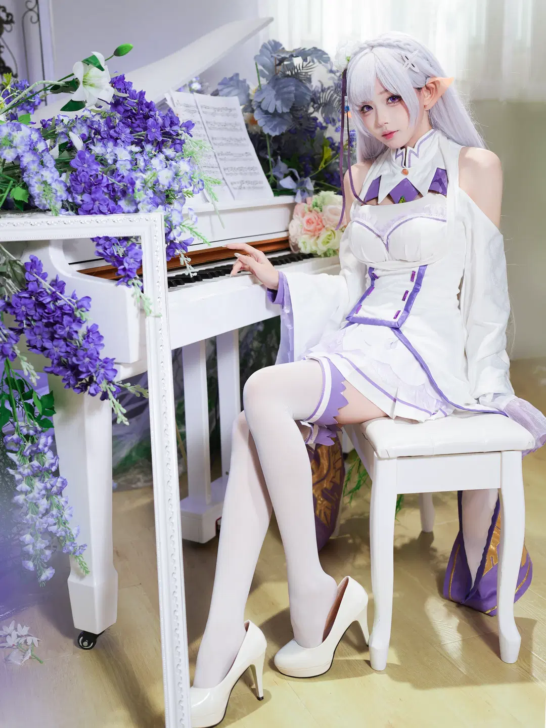 Emilia cosplay, White stockings, Elf ears, Re:Zero − Starting Life in Another World, violet photo shoot