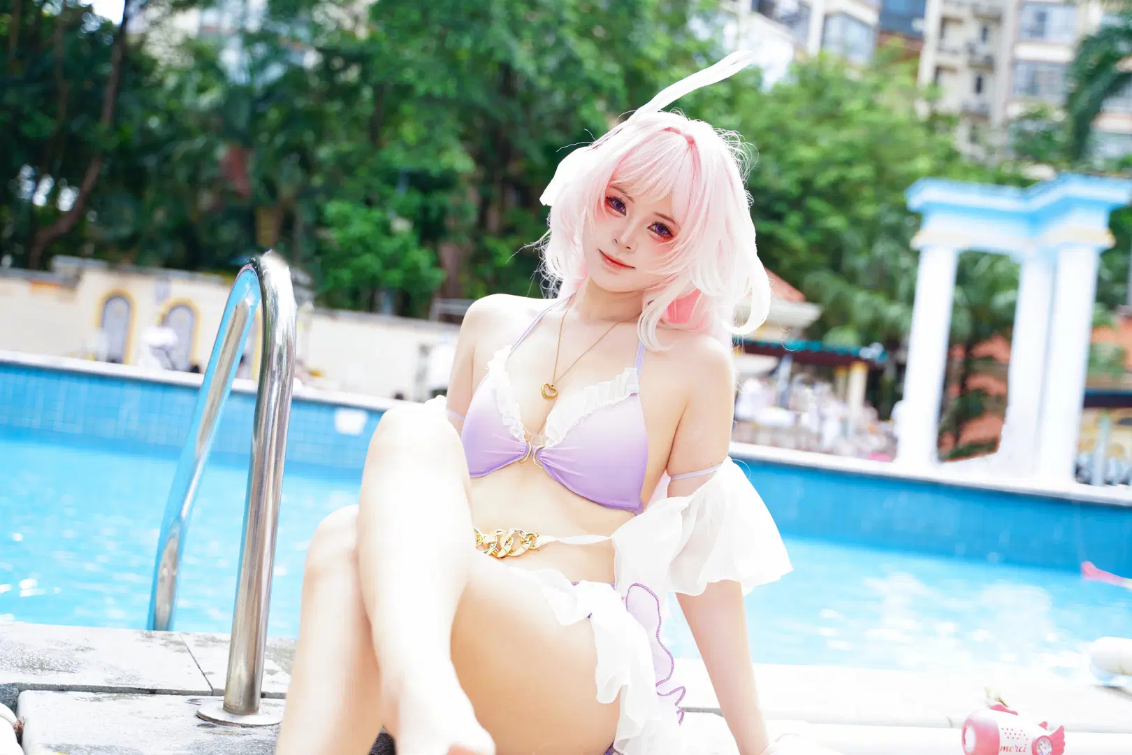 Elysia Cosplay, 2D, Swimsuit cosplay, Poolside photoshoot, Pink wig