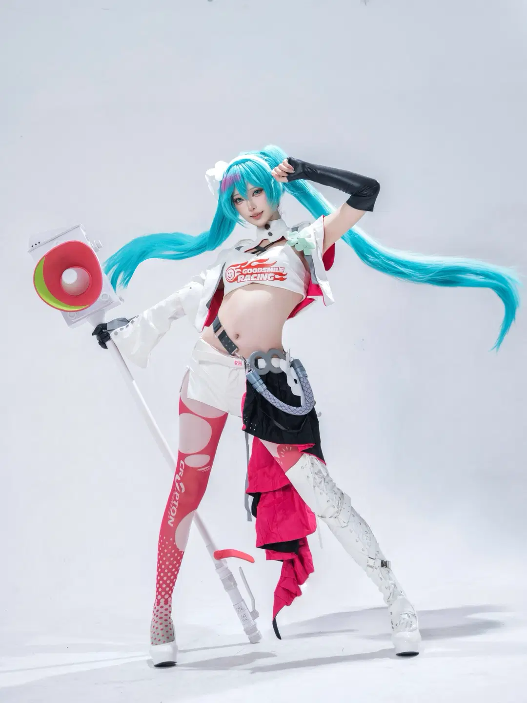 初音未来cos, 白丝, 双马尾, 白棚写真, 赛车风