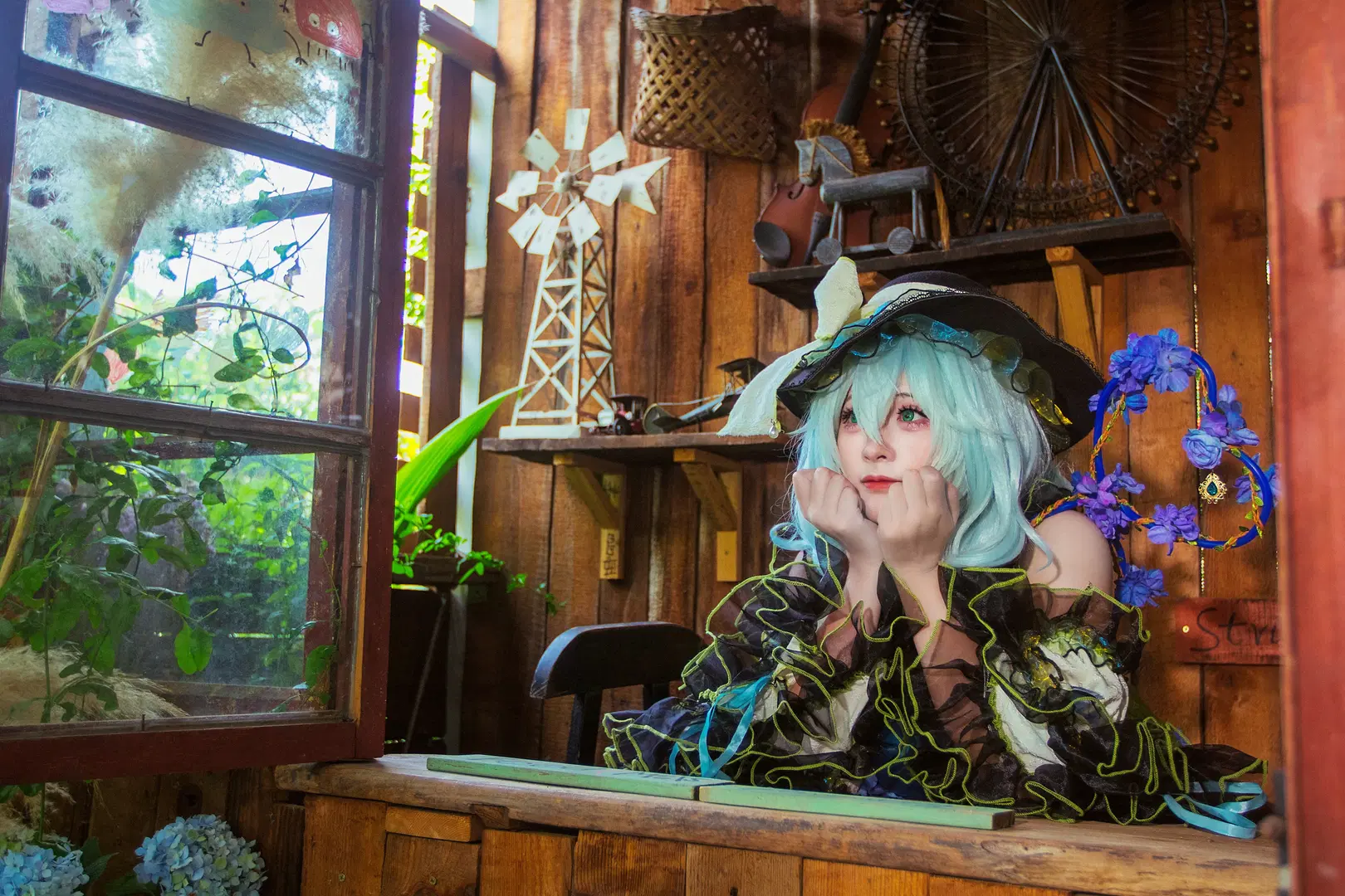 东方Project, 二次元cosplay, 氛围感写真, 古明地恋cos, 木屋外景