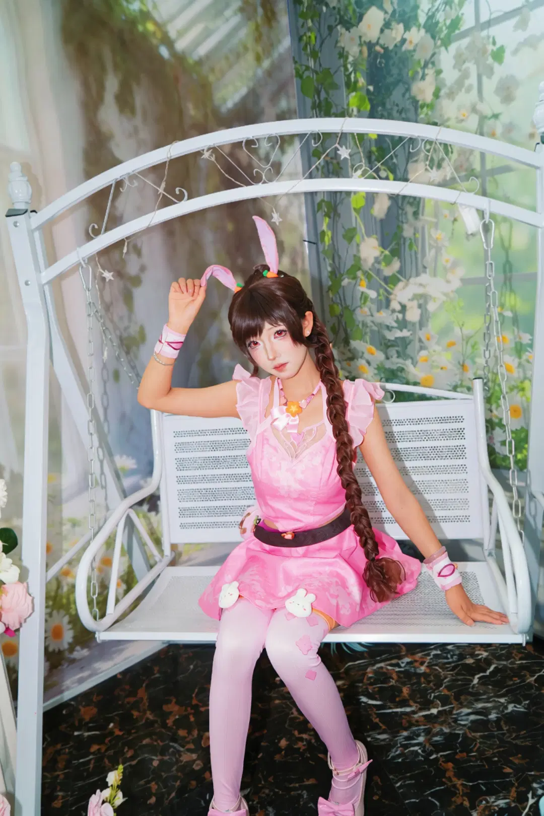 Cosplay photography, Xiao Wu cosplay, Pink rabbit ears, Pantyhose, greenhouse garden