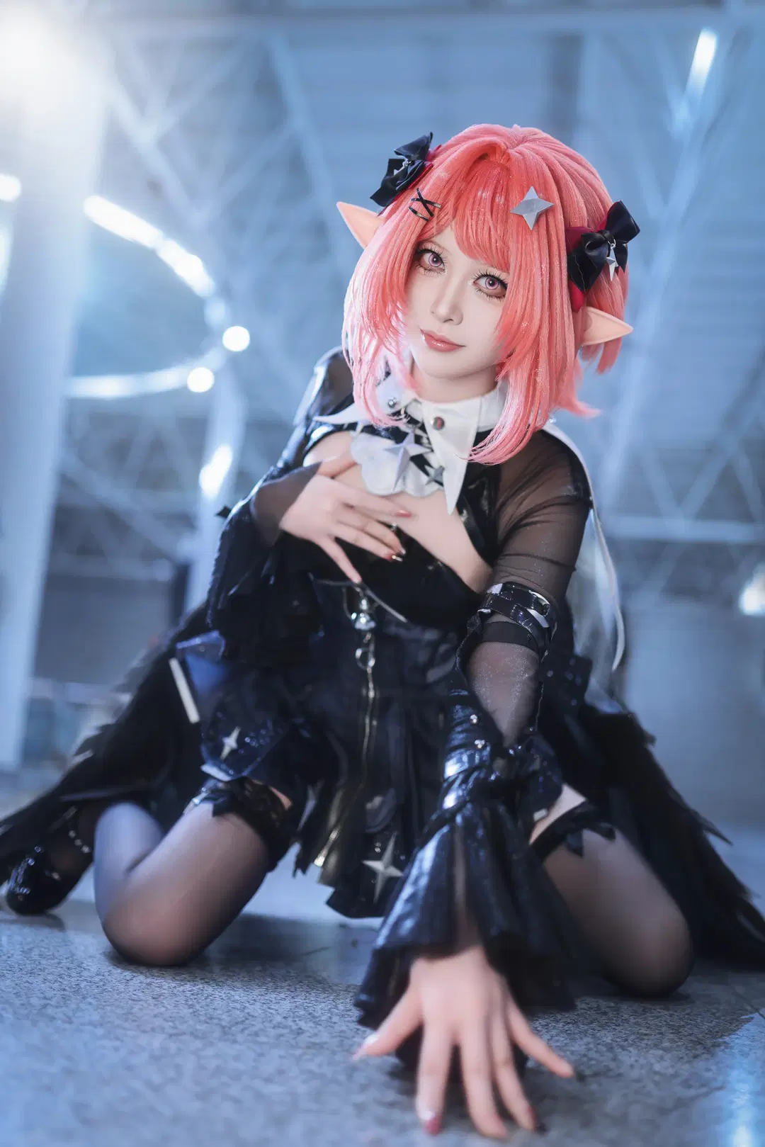 cosplay, 棚拍, 哥特风, 粉发精灵耳, 黑丝袜
