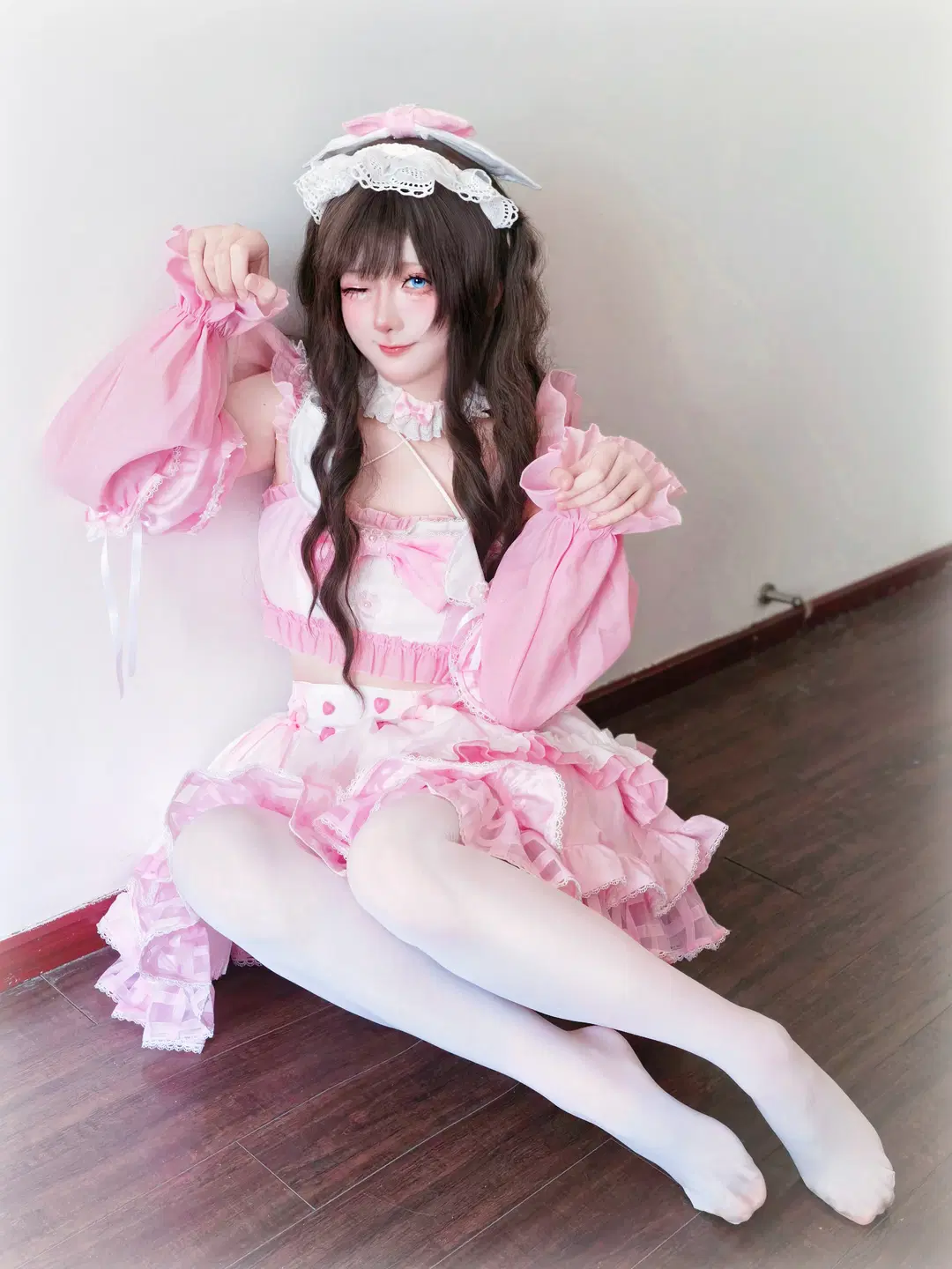 白丝, 二次元写真, 女仆装cos, 粉白穿搭, 樱兔