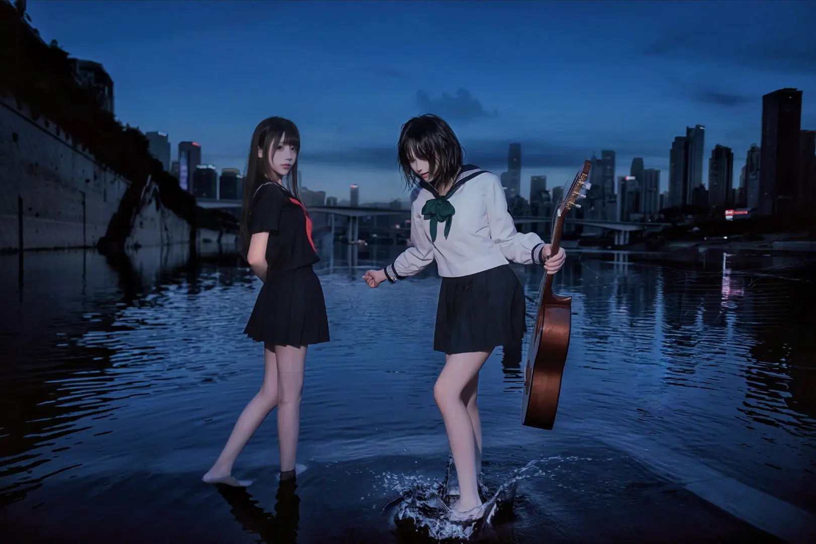 Night Waterside Duo High School Girl Sailor Suit: Water Splashing and Embraces Packed with Atmosphere by 拉菲META - Image 2