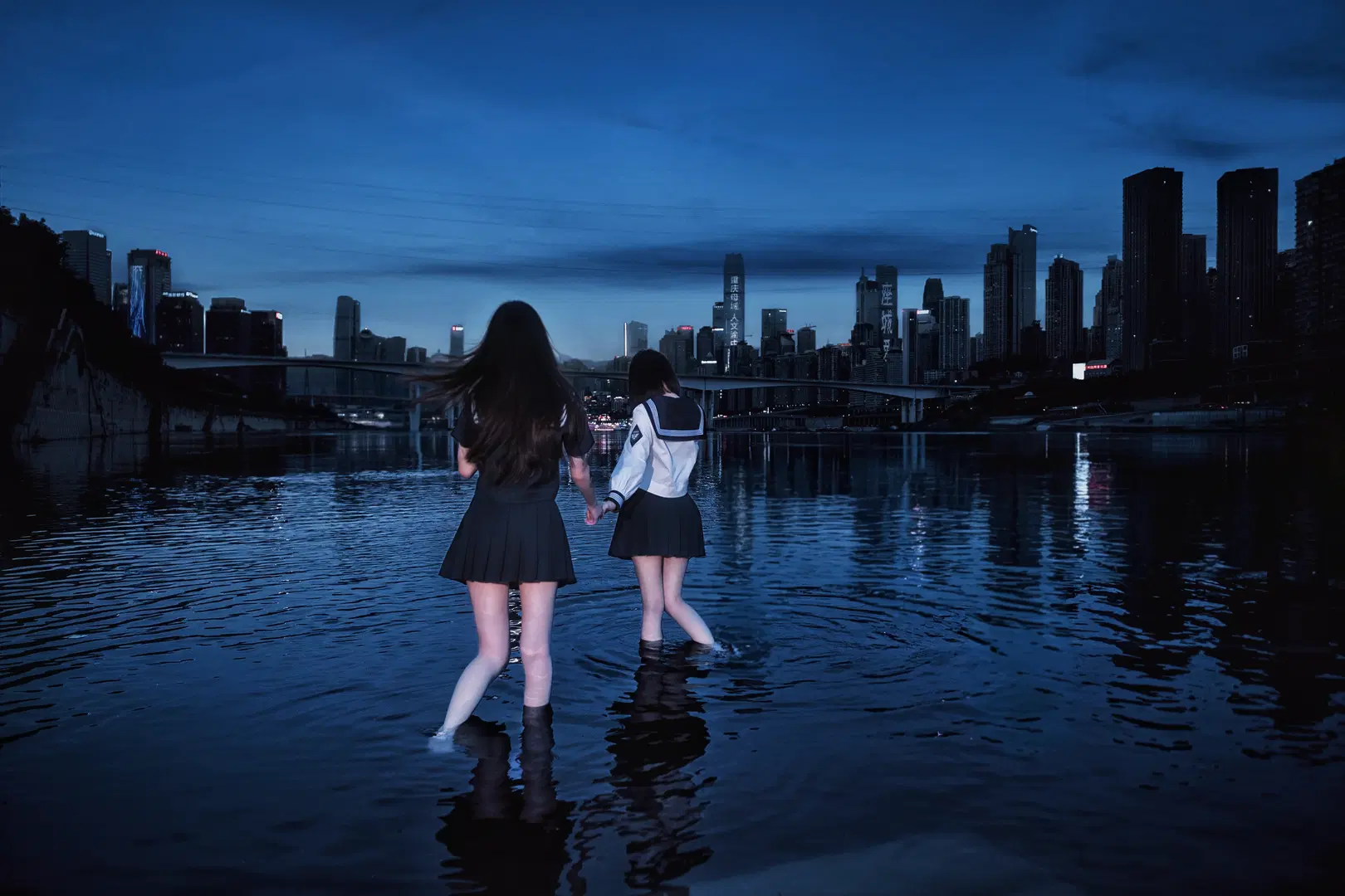Night Waterside Duo High School Girl Sailor Suit: Water Splashing and Embraces Packed with Atmosphere by 拉菲META - Image 3