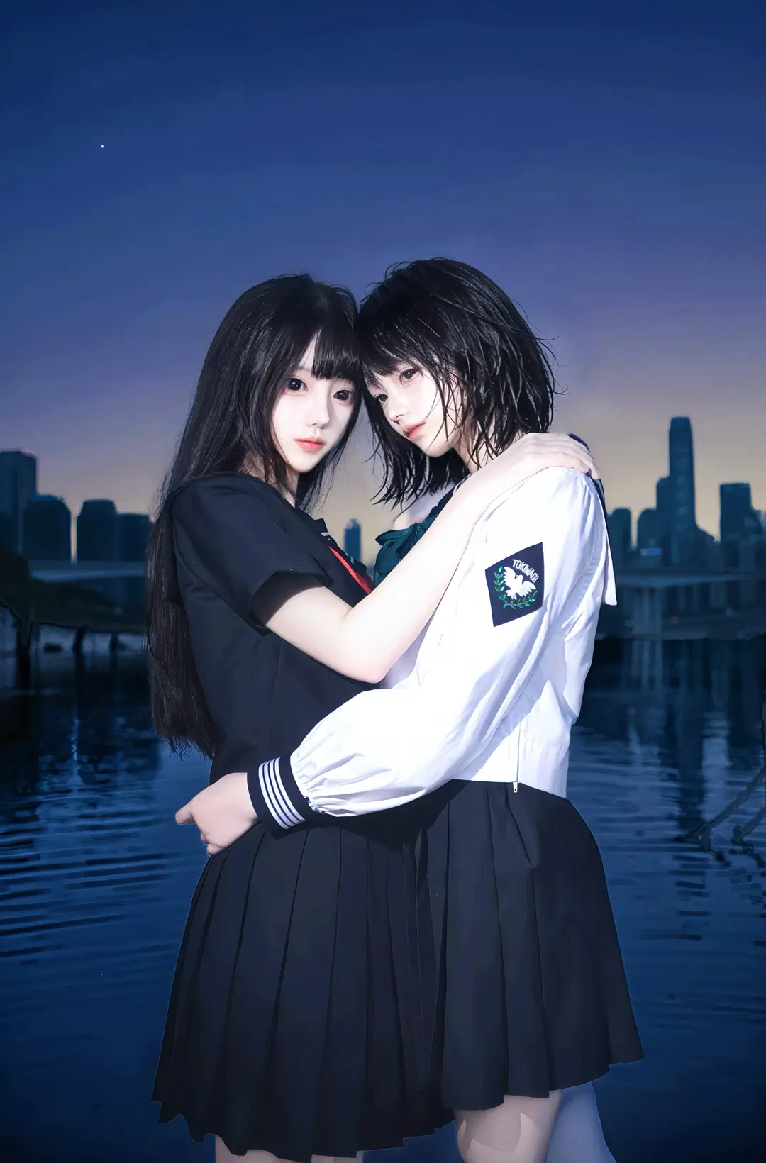 Night Waterside Duo High School Girl Sailor Suit: Water Splashing and Embraces Packed with Atmosphere by 拉菲META - Image 4