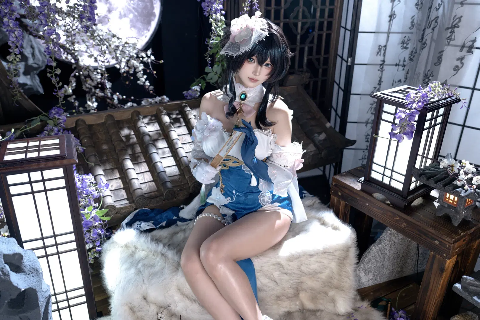 【阮梅cos】星穹铁道雪绽梅笺，蓝白国风与珍珠腿环的棚拍记录 - 是_猫呀 - 第5张
