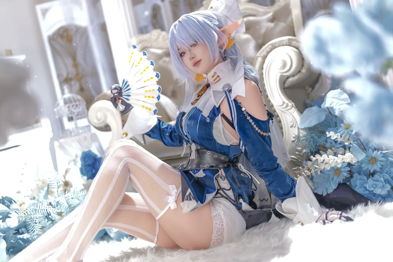Zenless Zone Zero, White stockings, Elf ears, Velina cosplay, Folding fan